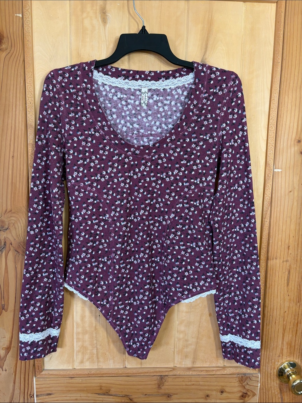 Free People Wine Colored Floral Lace-Trim Long-Sleeve Thong Bodysuit